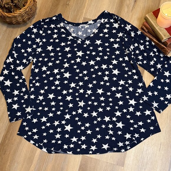 Womens Plus Size Navy and White Star Print Long Sleeve V-Neck Top - Picture 3 of 10